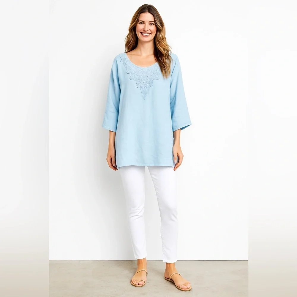 NWOT 100% Linen Size Small Baby Blue Crochet Detail Wide Flare Sleeves Tunic - Picture 2 of 14